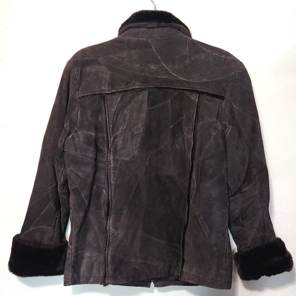 Leather Works Vintage Genuine Leather Patchwork Faux Fur Trim  Brown Size Small - Picture 5 of 12
